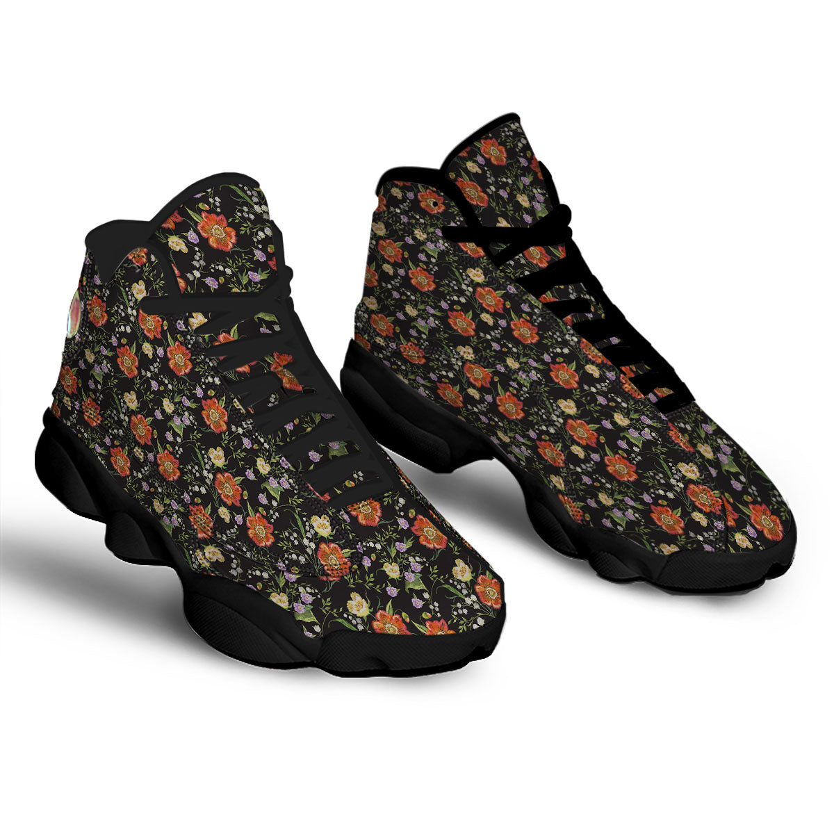 Poppy Embroidery Print Pattern Black Basketball Shoes-grizzshop