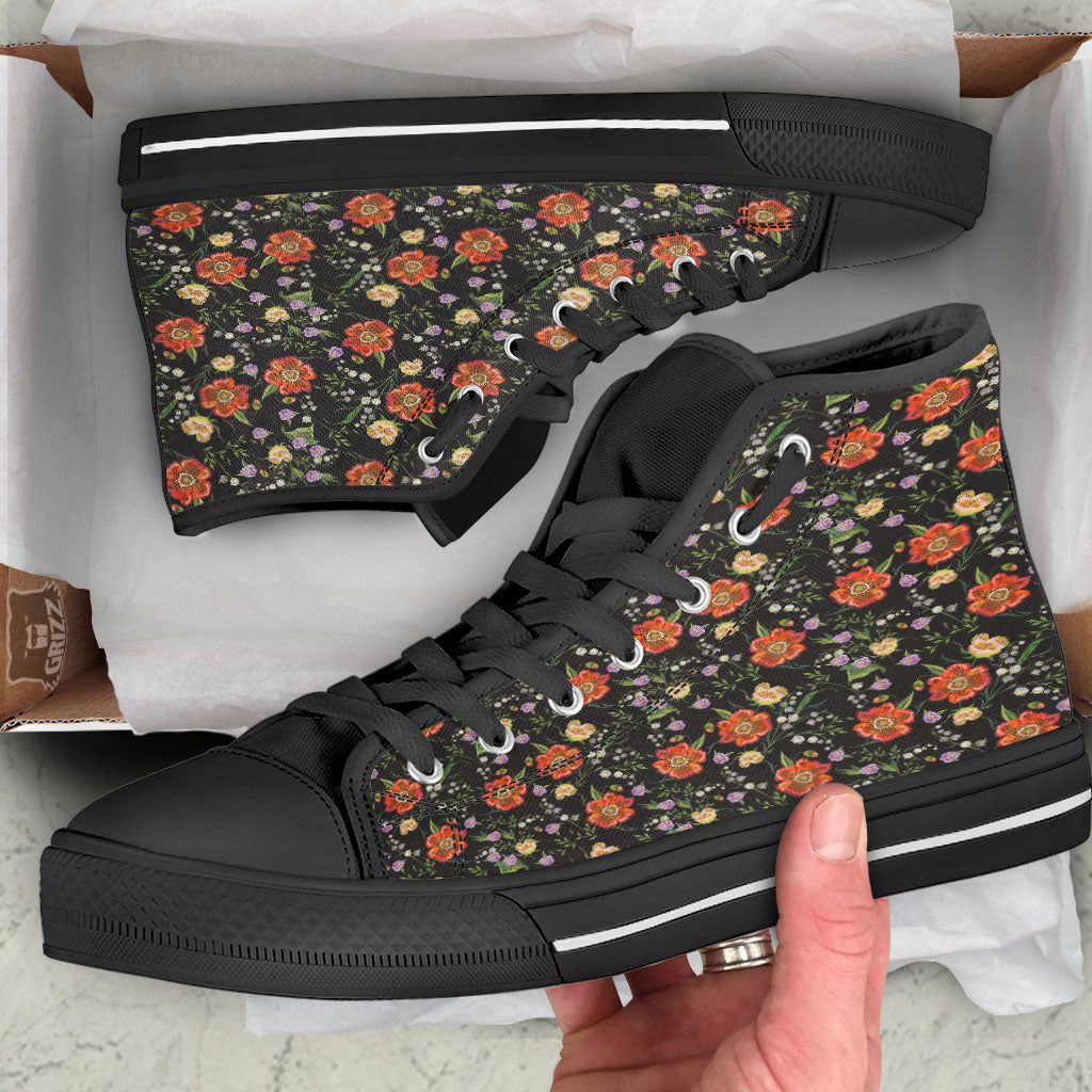 Poppy Embroidery Print Pattern Black High Top Shoes-grizzshop