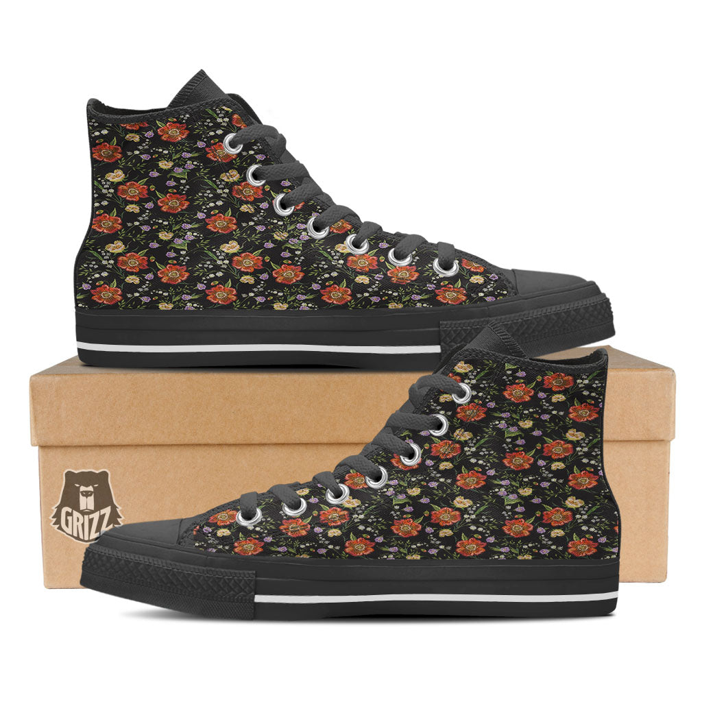 Poppy Embroidery Print Pattern Black High Top Shoes-grizzshop