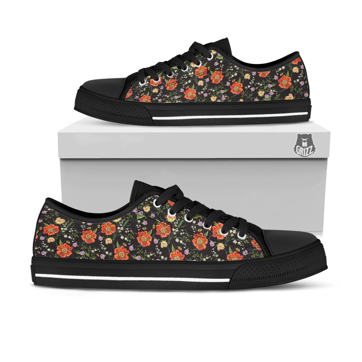 Poppy Embroidery Print Pattern Black Low Top Shoes-grizzshop