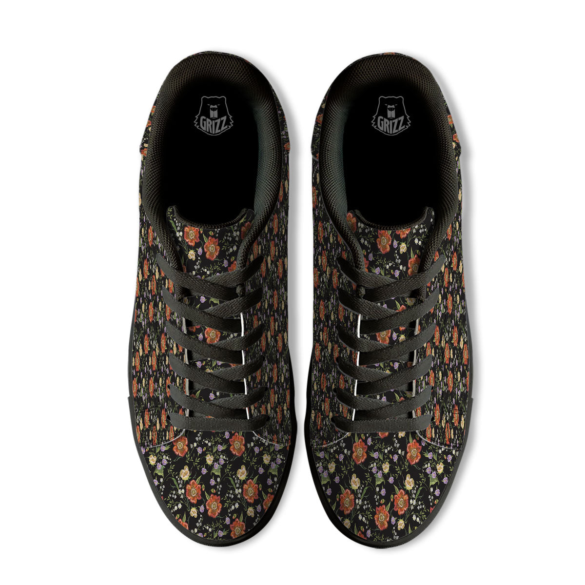 Poppy Embroidery Print Pattern Black Low Top Sneakers-grizzshop
