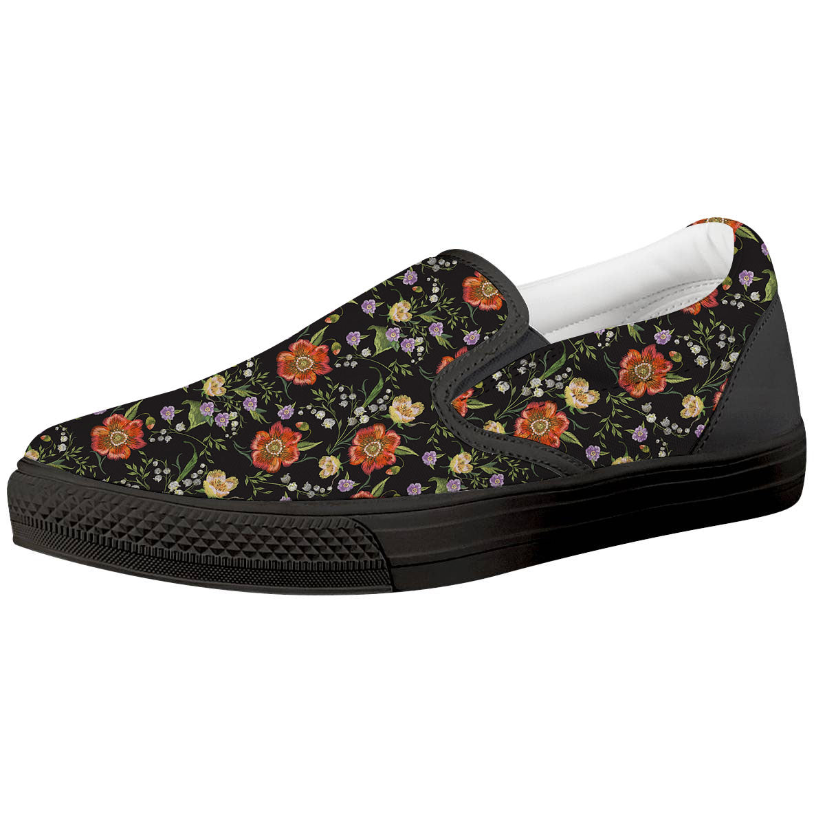 Poppy Embroidery Print Pattern Black Slip On Shoes-grizzshop