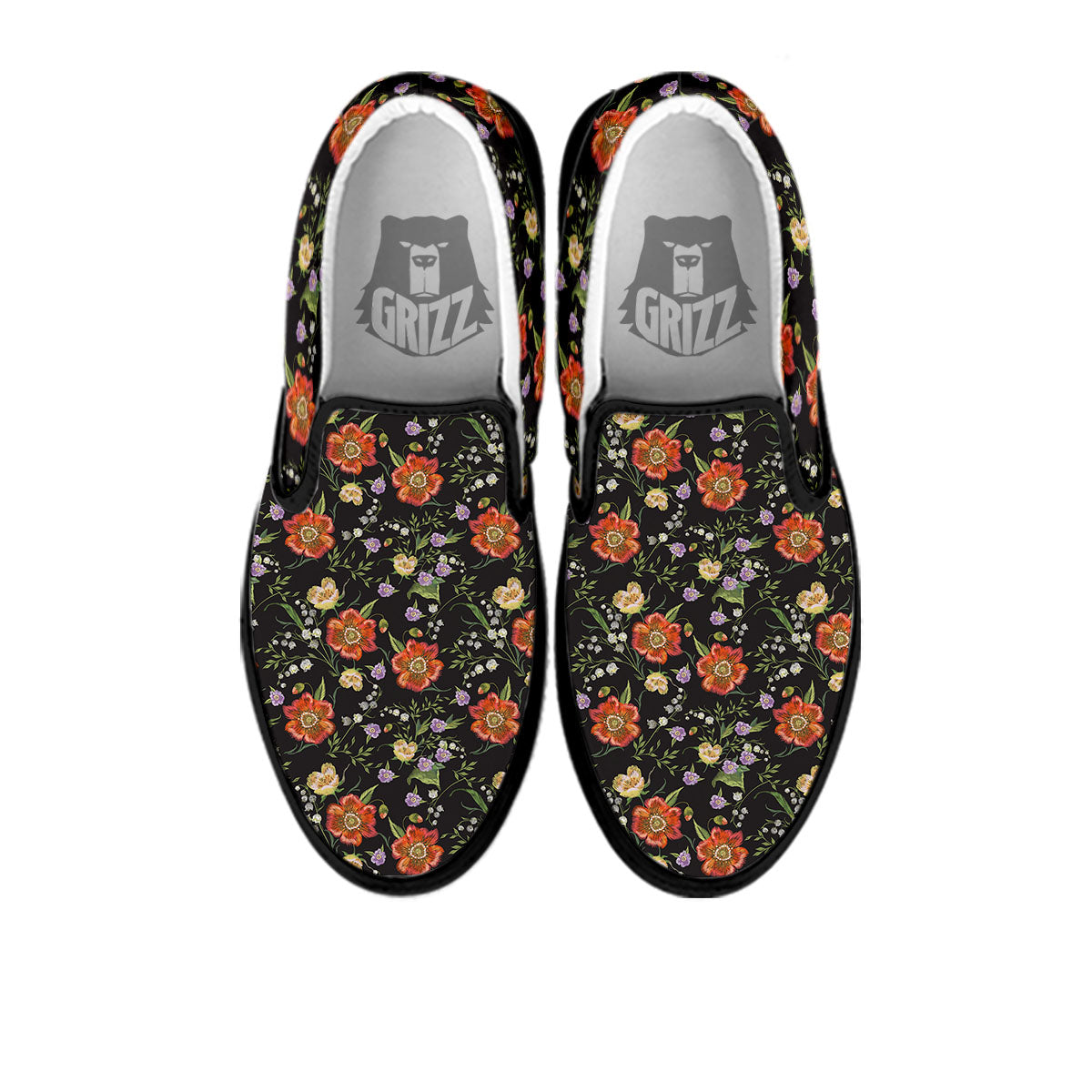 Poppy Embroidery Print Pattern Black Slip On Shoes-grizzshop