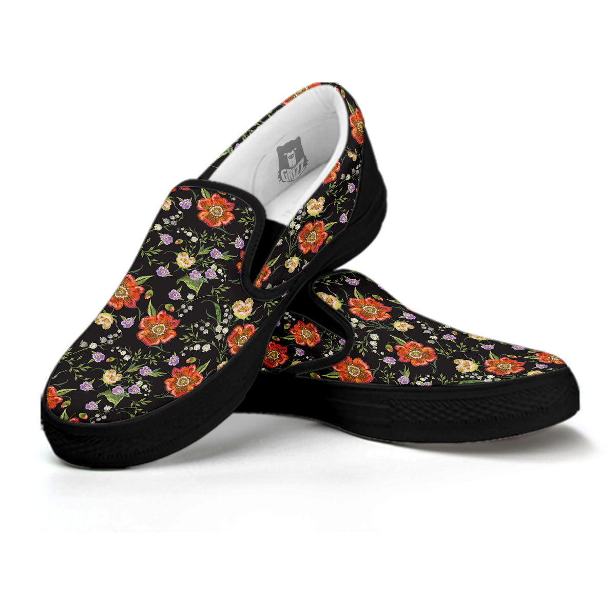 Poppy Embroidery Print Pattern Black Slip On Shoes-grizzshop
