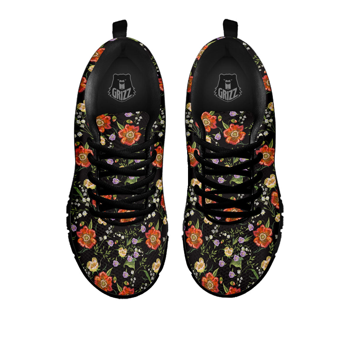Poppy Embroidery Print Pattern Black Sneaker-grizzshop