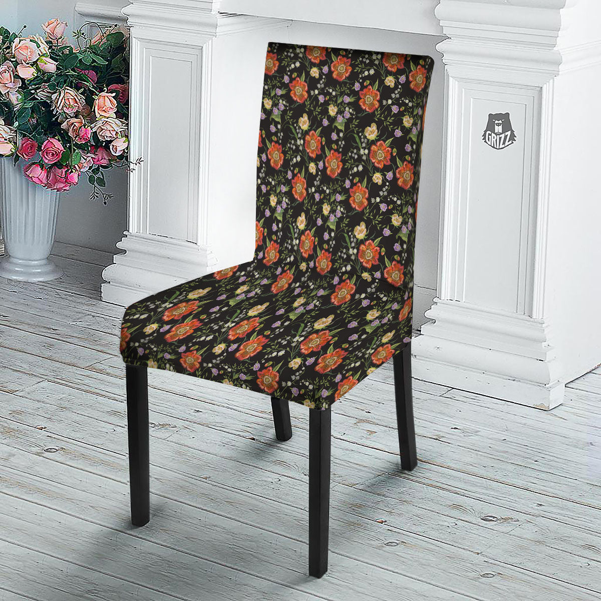 Poppy Embroidery Print Pattern Dining Chair Slipcover-grizzshop