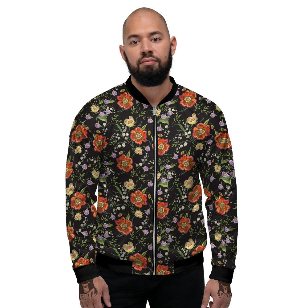 Poppy Embroidery Print Pattern Men's Bomber Jacket-grizzshop