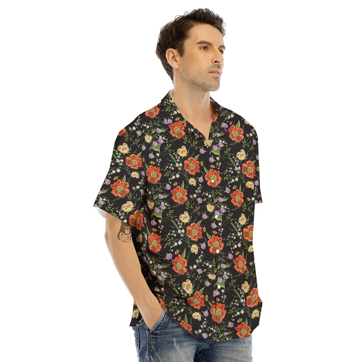 Poppy Embroidery Print Pattern Men's Hawaiian Shirt-grizzshop