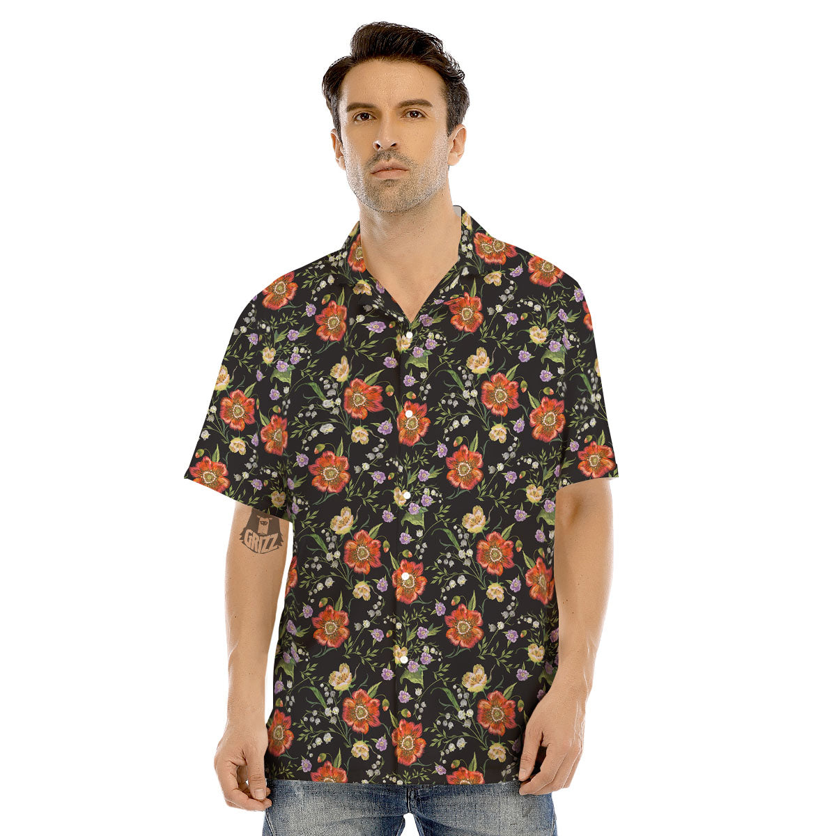 Poppy Embroidery Print Pattern Men's Hawaiian Shirt-grizzshop