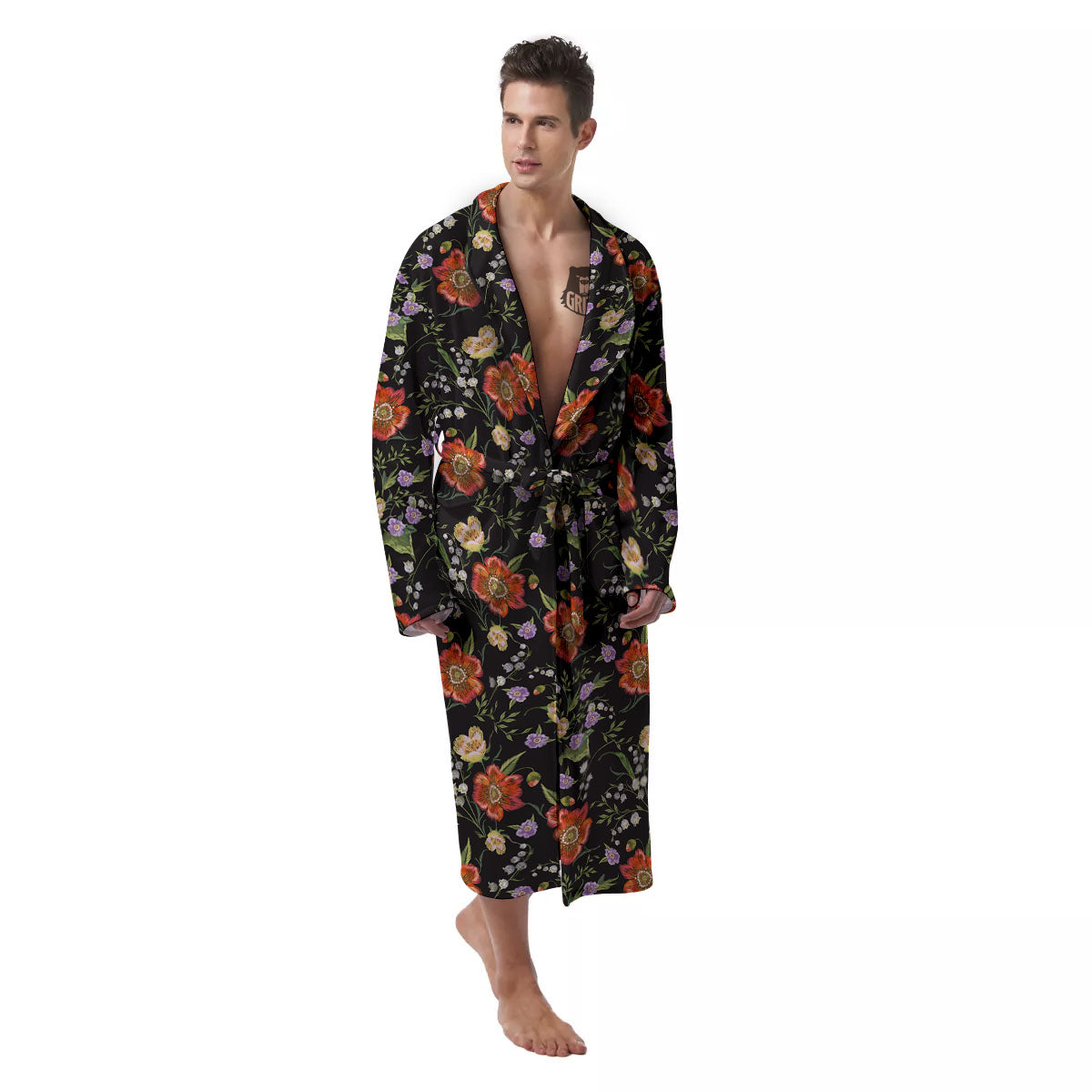 Poppy Embroidery Print Pattern Men's Robe-grizzshop
