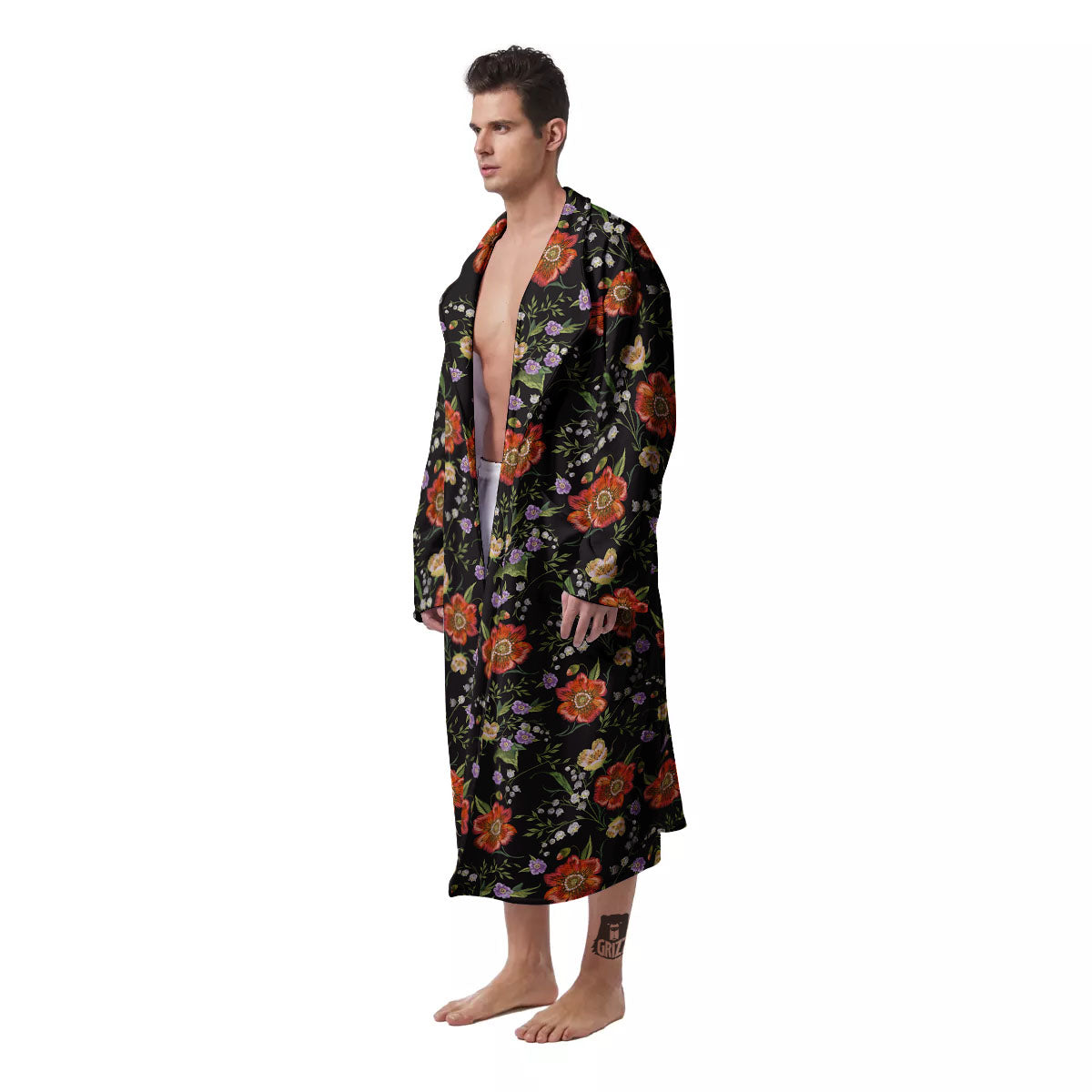 Poppy Embroidery Print Pattern Men's Robe-grizzshop