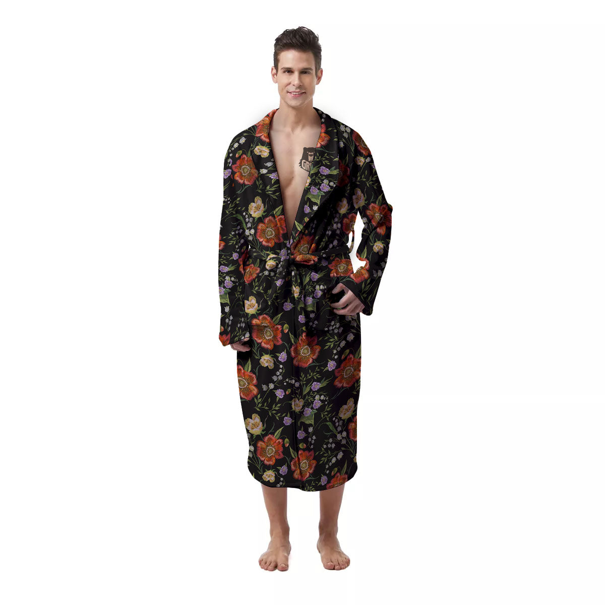Poppy Embroidery Print Pattern Men's Robe-grizzshop