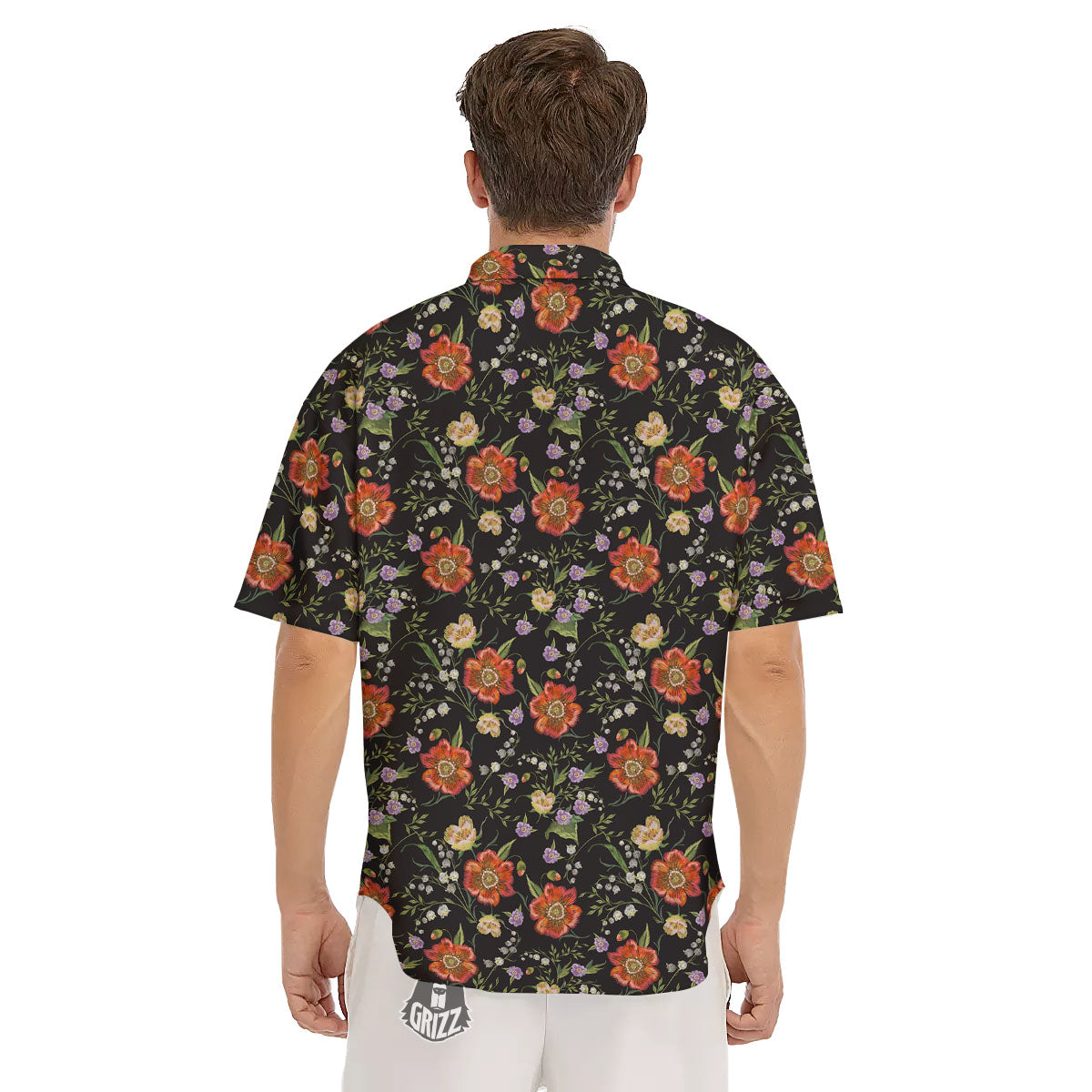 Poppy Embroidery Print Pattern Men's Short Sleeve Shirts-grizzshop
