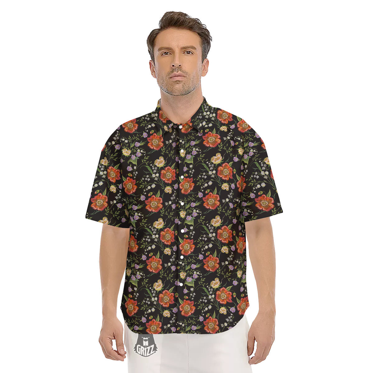 Poppy Embroidery Print Pattern Men's Short Sleeve Shirts-grizzshop