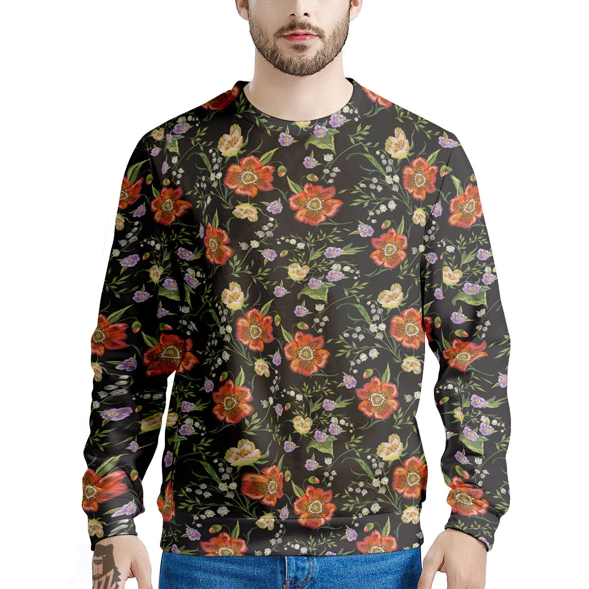Poppy Embroidery Print Pattern Men's Sweatshirt-grizzshop