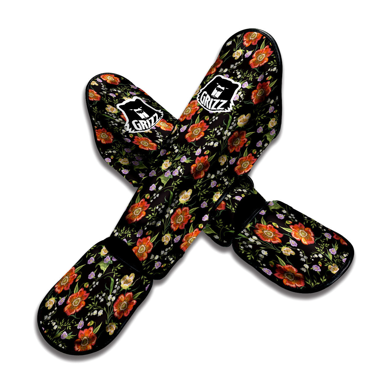 Poppy Embroidery Print Pattern Muay Thai Shin Guards-grizzshop