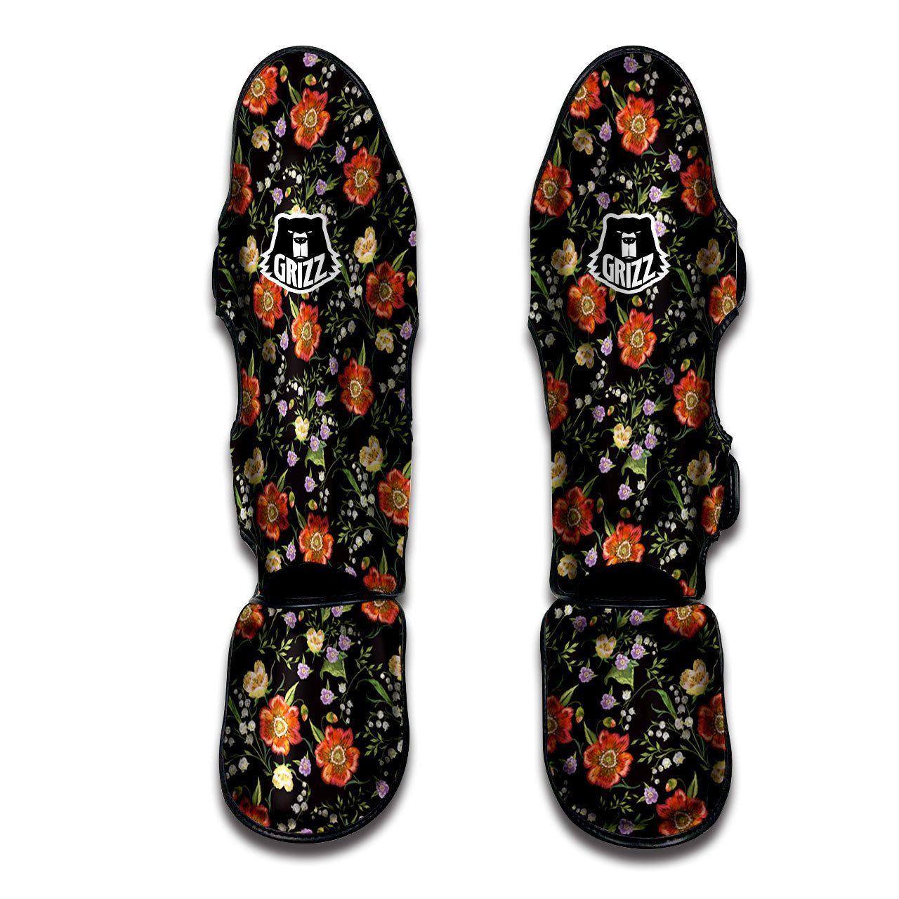 Poppy Embroidery Print Pattern Muay Thai Shin Guards-grizzshop