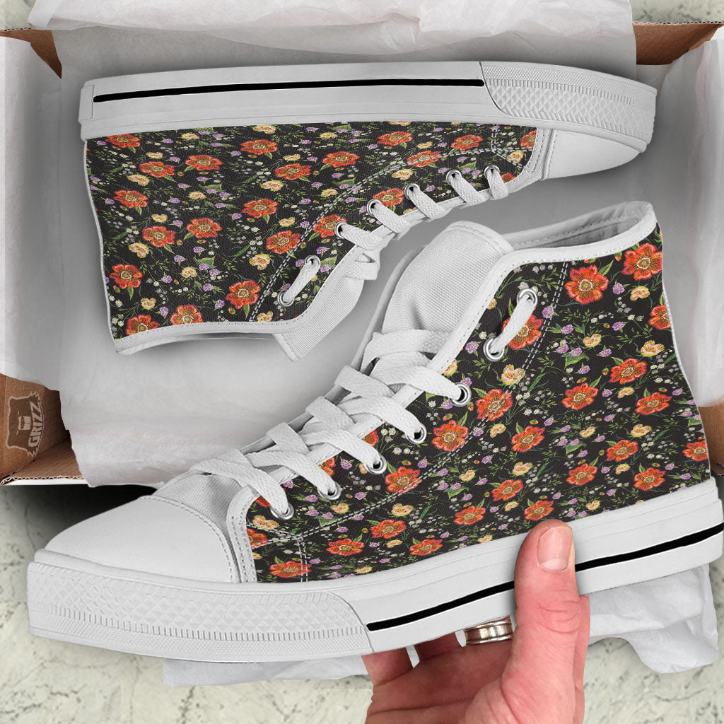 Poppy Embroidery Print Pattern White High Top Shoes-grizzshop