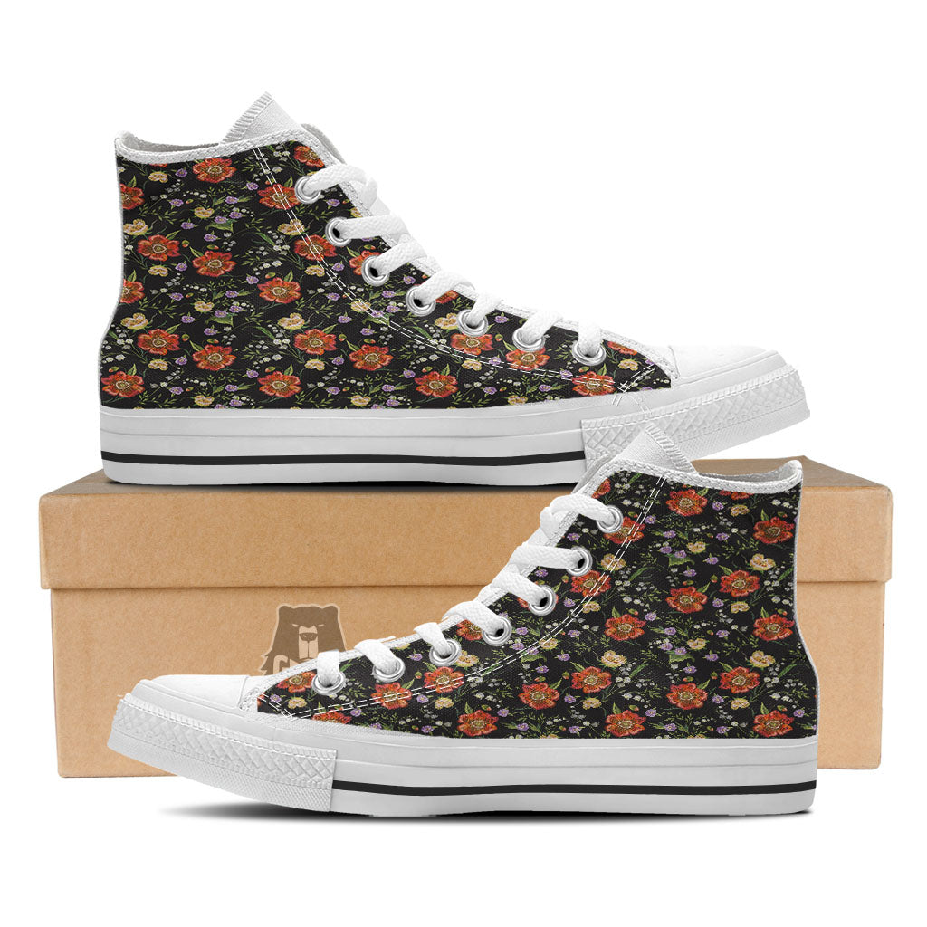 Poppy Embroidery Print Pattern White High Top Shoes-grizzshop