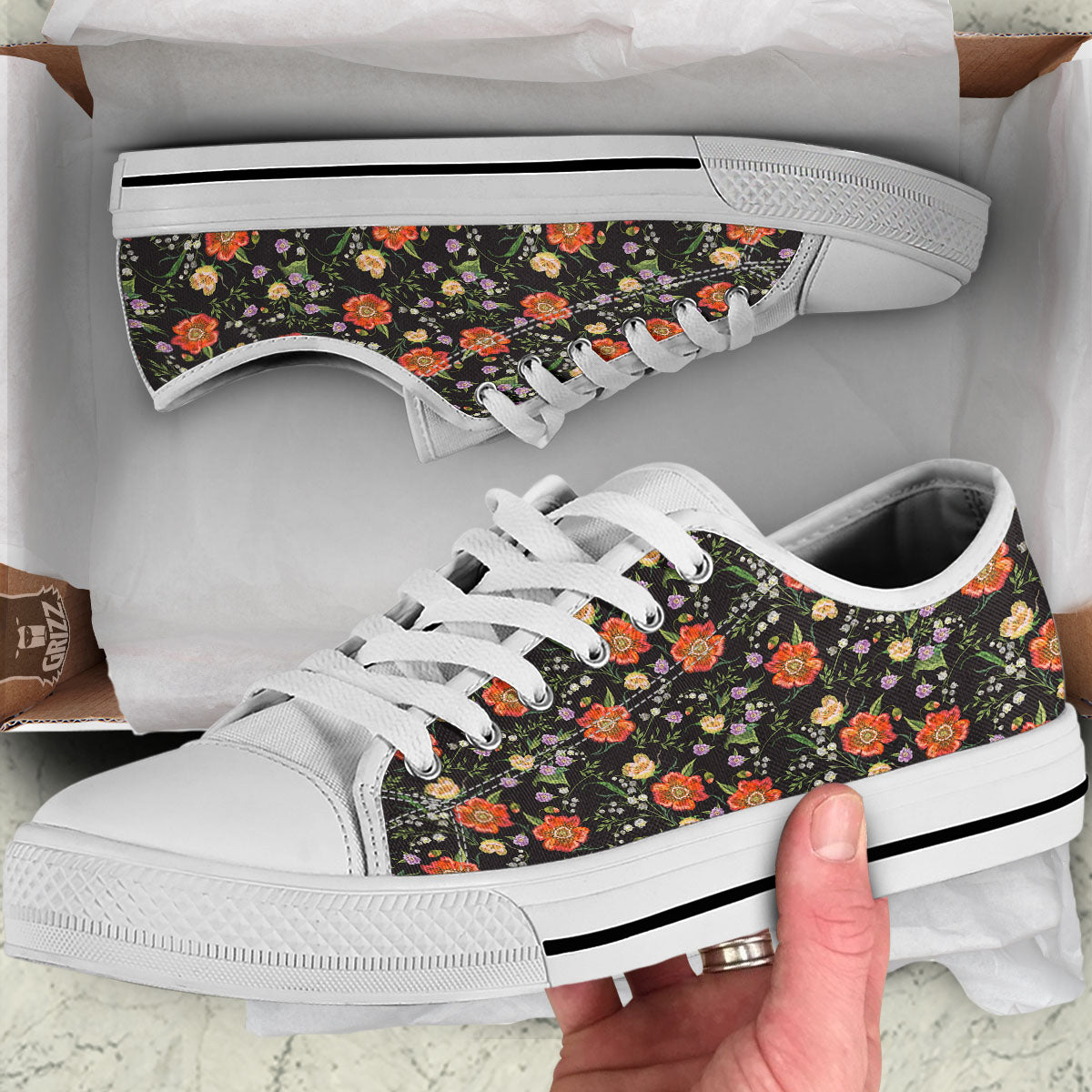 Poppy Embroidery Print Pattern White Low Top Shoes-grizzshop