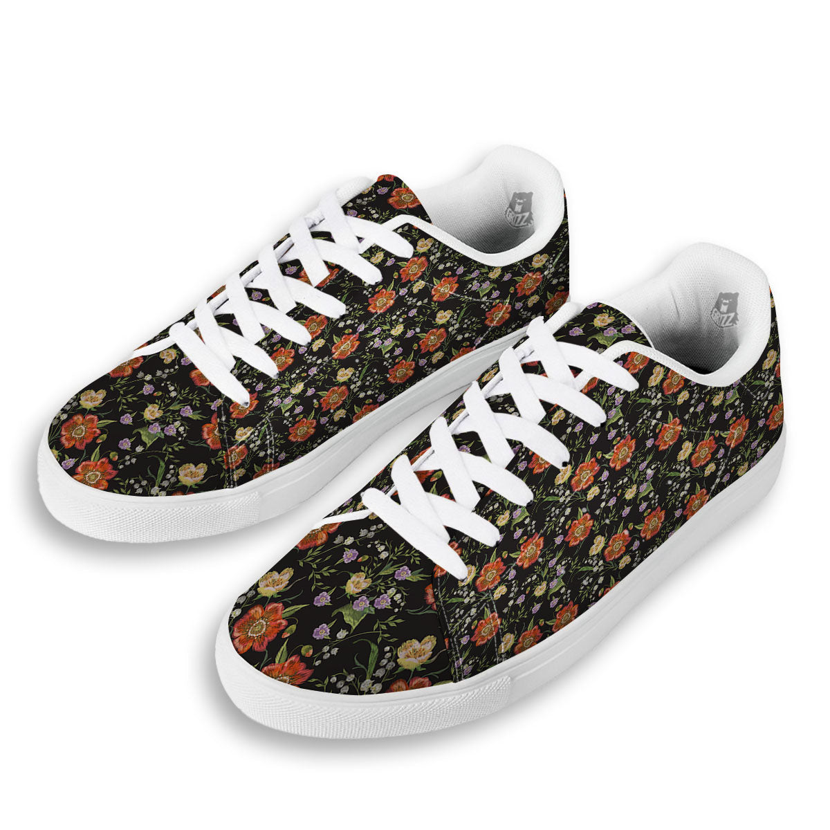 Poppy Embroidery Print Pattern White Low Top Sneakers-grizzshop