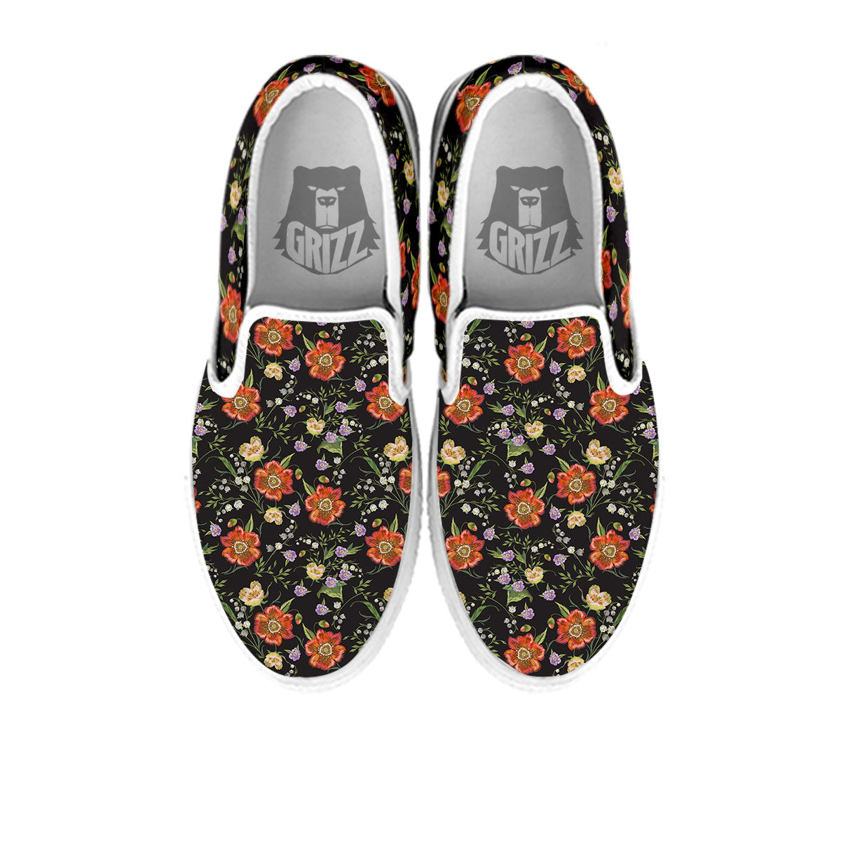 Poppy Embroidery Print Pattern White Slip On Shoes-grizzshop