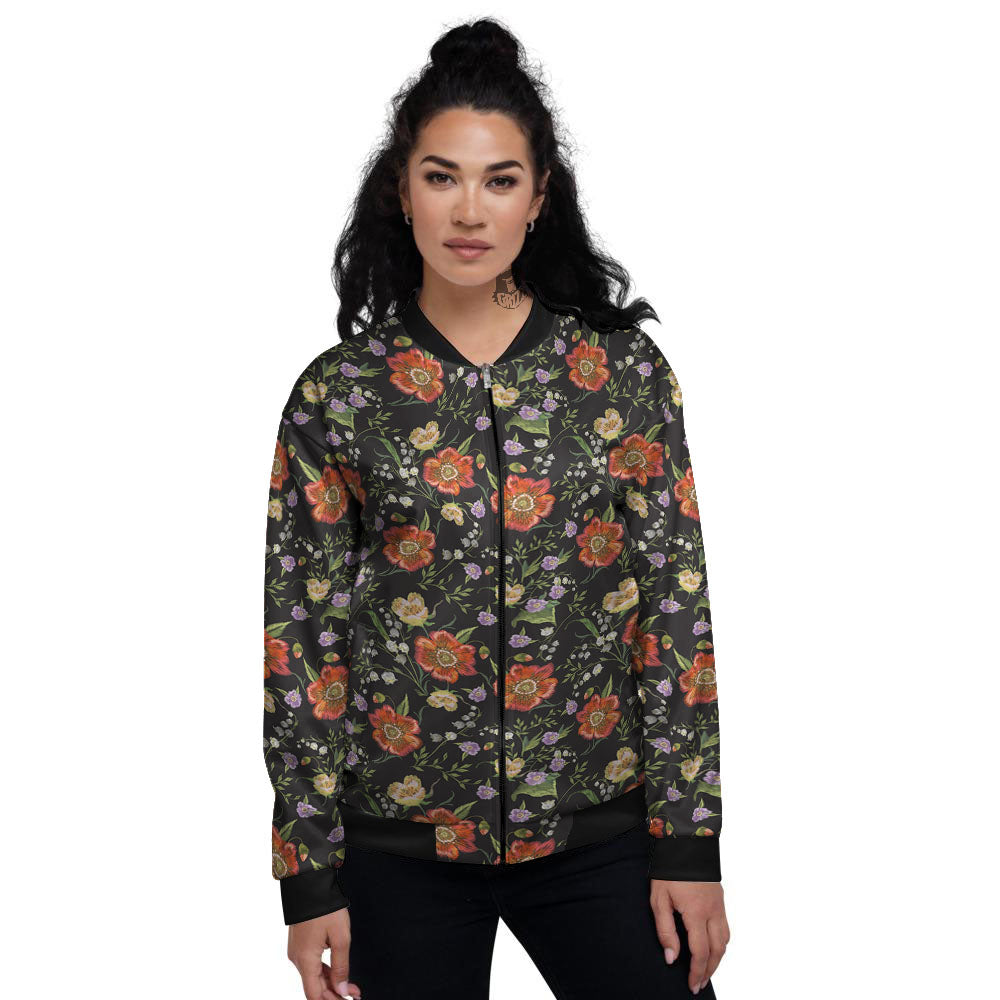 Poppy Embroidery Print Pattern Women's Bomber Jacket-grizzshop