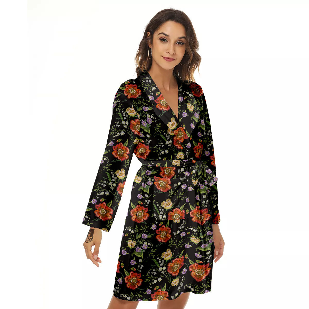 Poppy Embroidery Print Pattern Women's Robe-grizzshop