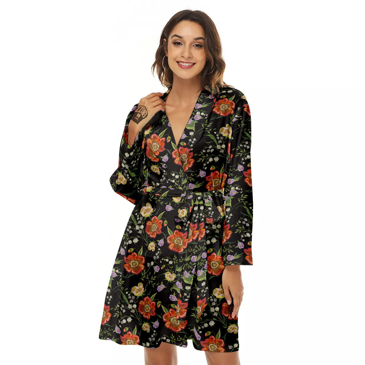 Poppy Embroidery Print Pattern Women's Robe-grizzshop