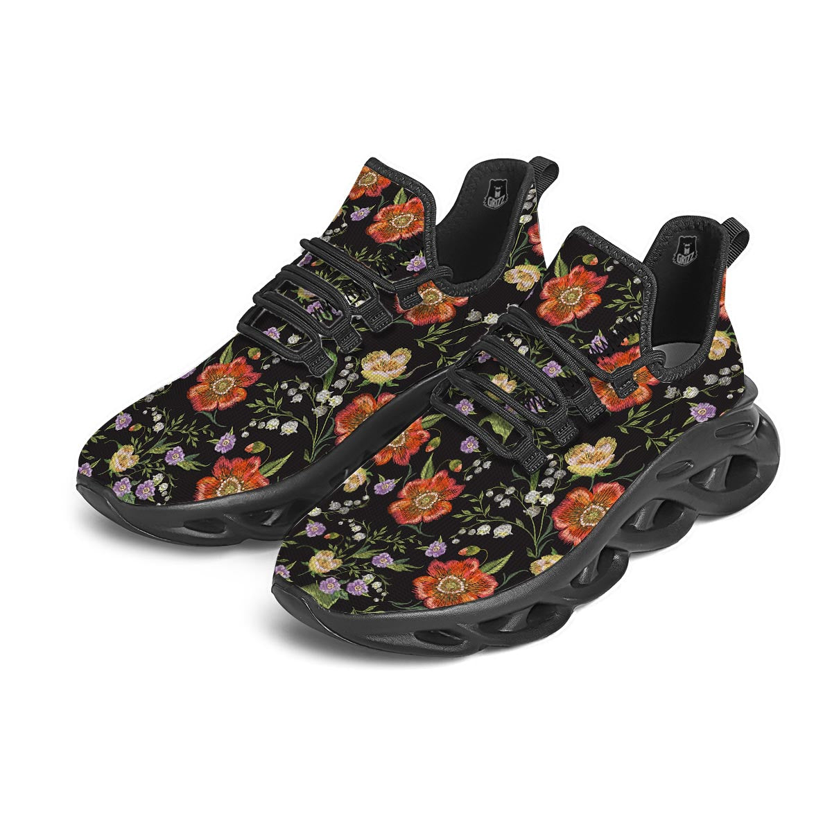 Poppy Floral Print Black Running Shoes-grizzshop