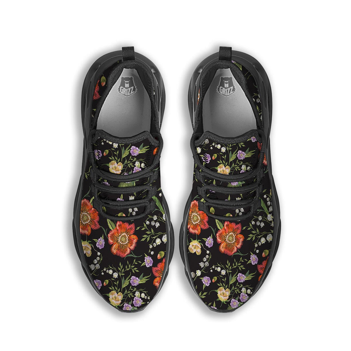 Poppy Floral Print Black Running Shoes-grizzshop
