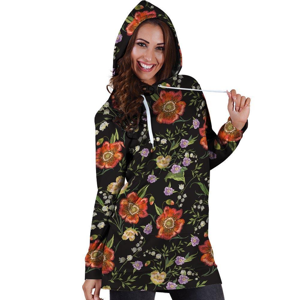 Poppy Floral Print Hoodie Dress-grizzshop