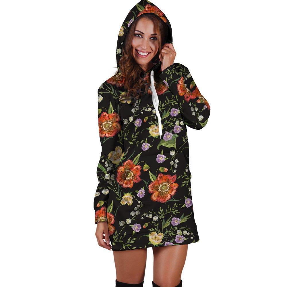 Poppy Floral Print Hoodie Dress-grizzshop