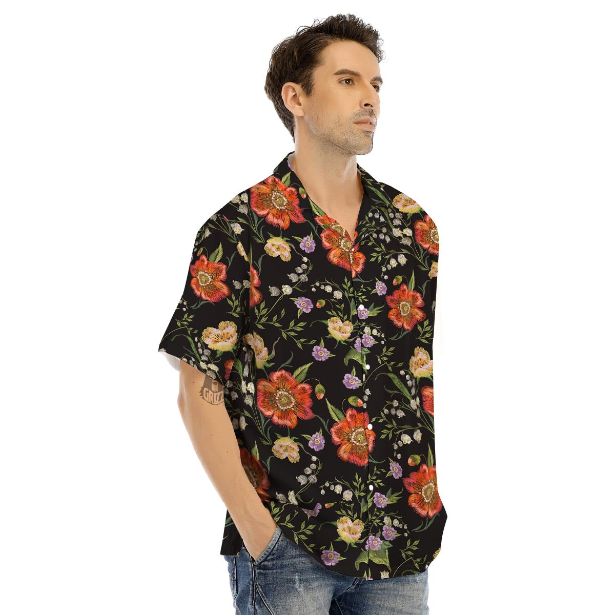 Poppy Floral Print Men’s Hawaiian Shirt-grizzshop