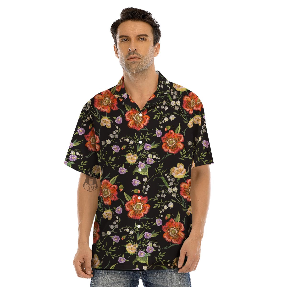 Poppy Floral Print Men’s Hawaiian Shirt-grizzshop