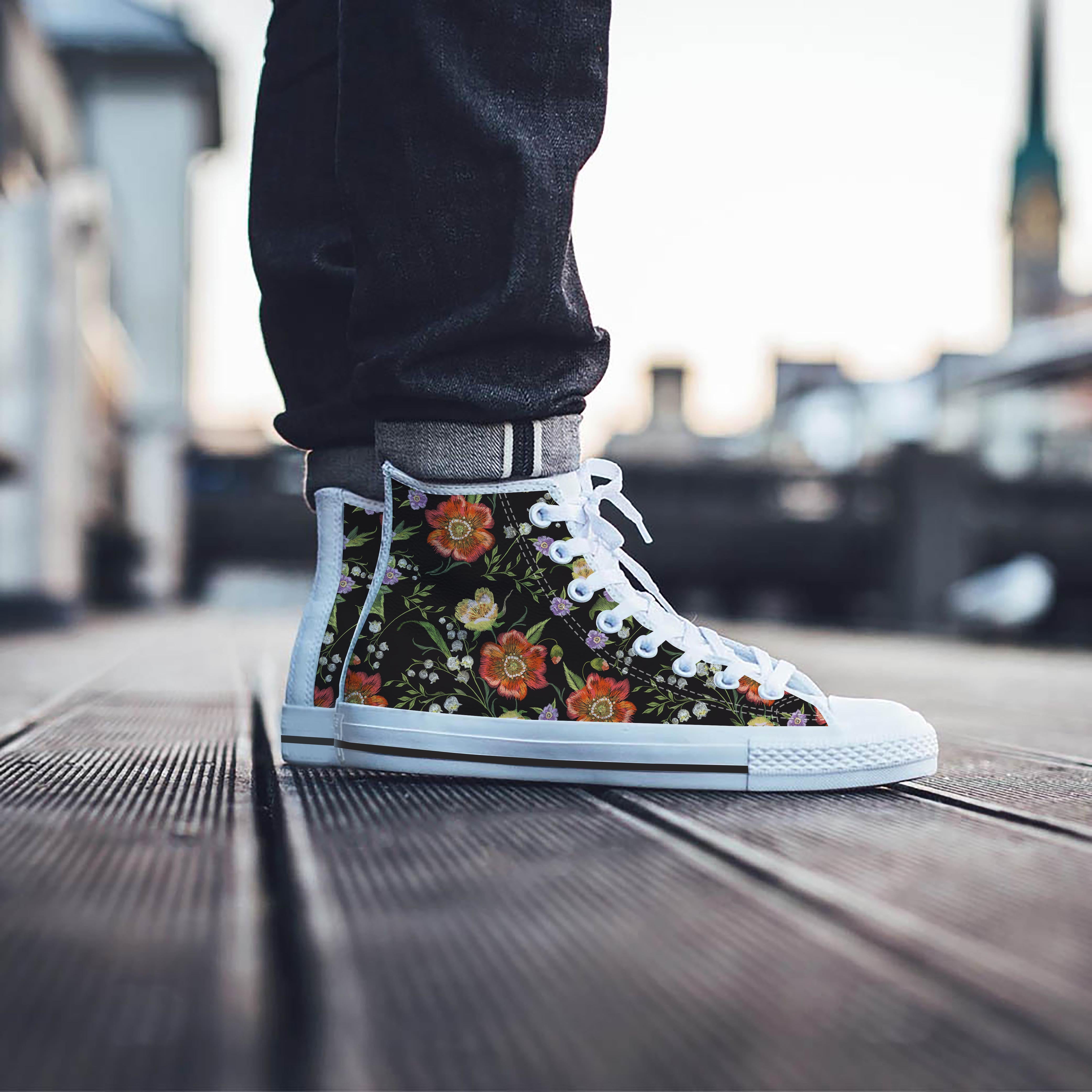 Poppy Floral Print Men's High Top Shoes-grizzshop