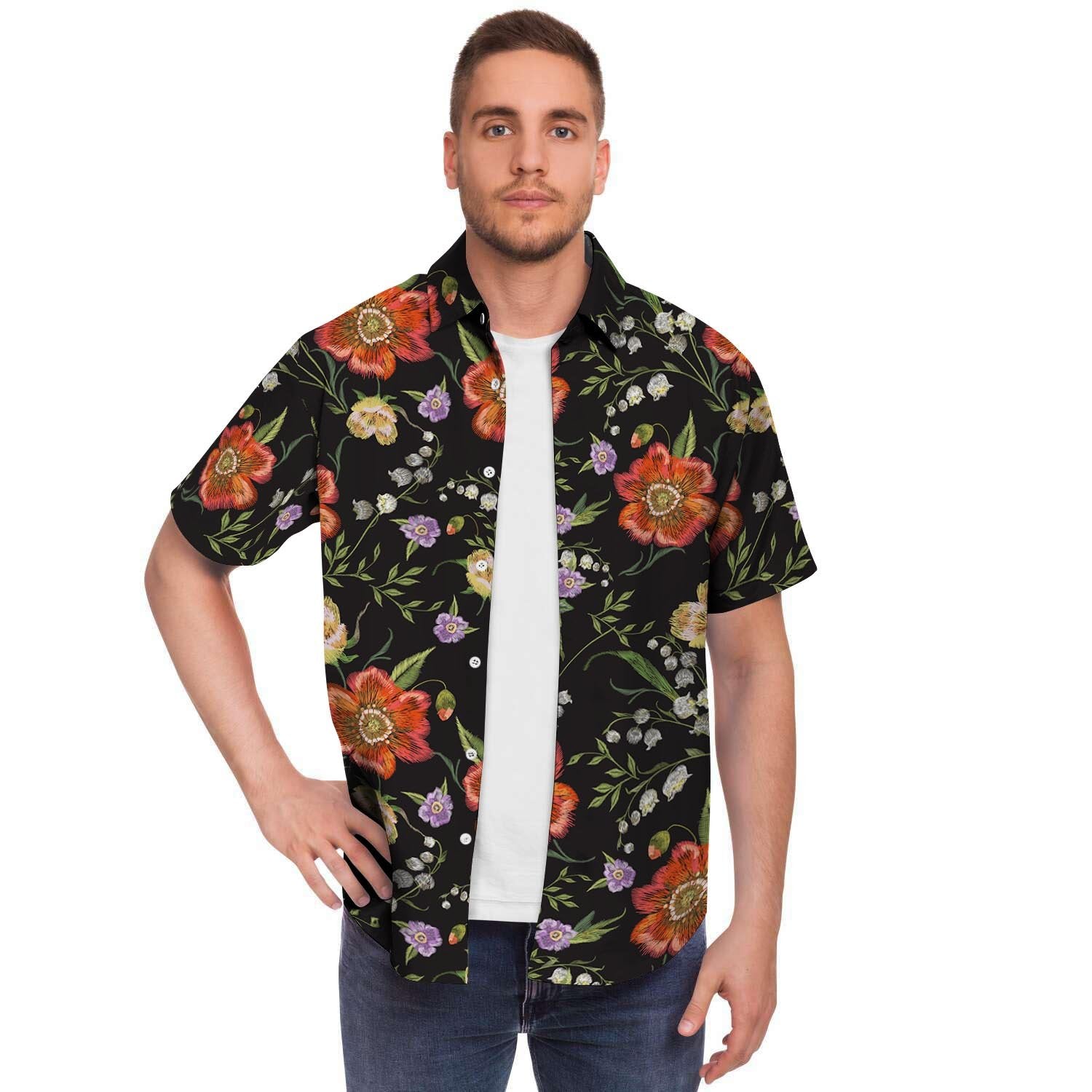 Poppy Floral Print Men's Short Sleeve Shirt-grizzshop