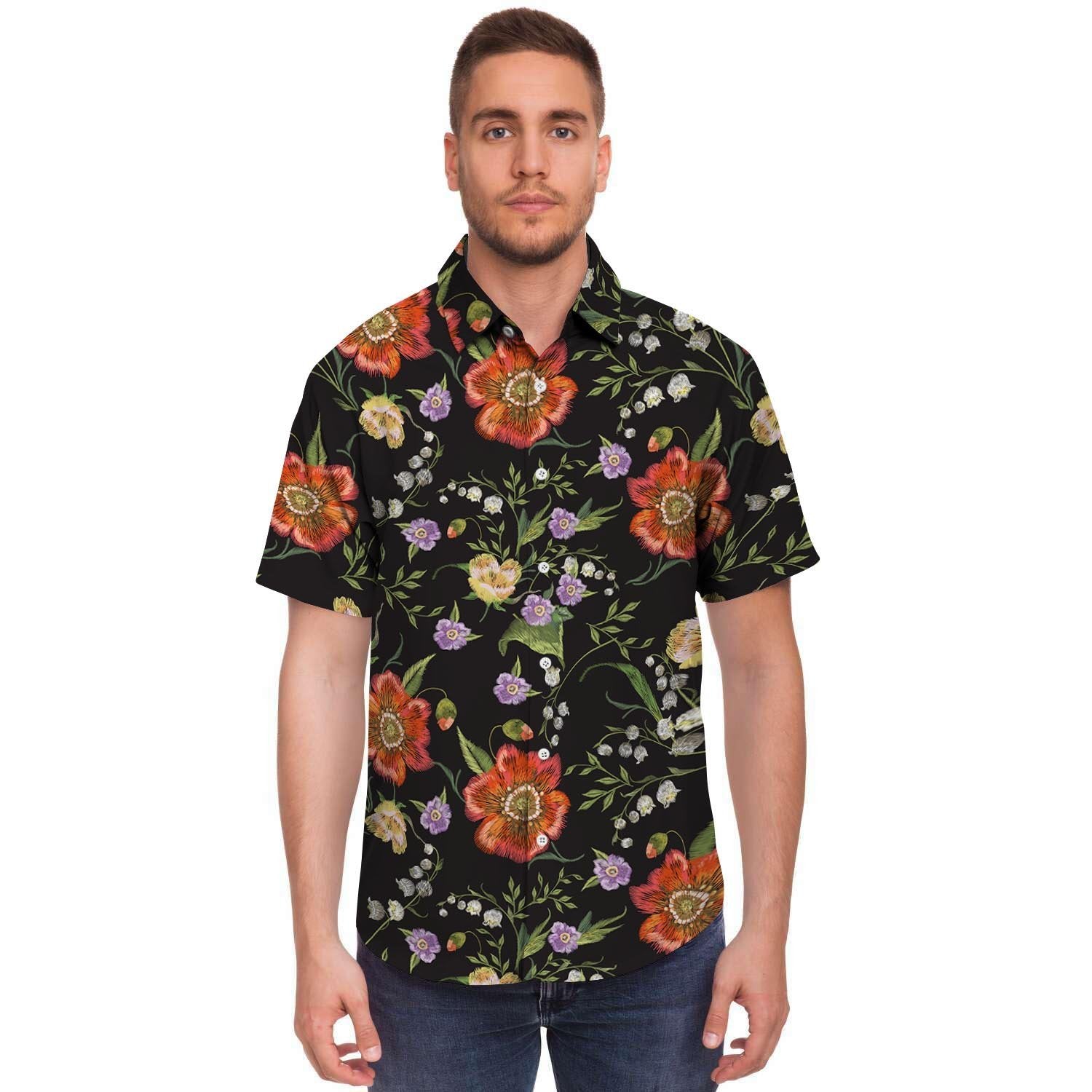 Poppy Floral Print Men's Short Sleeve Shirt-grizzshop