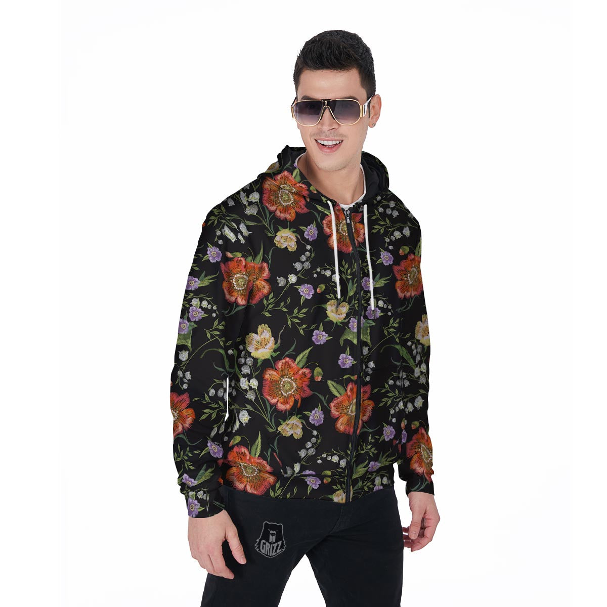 Poppy Floral Print Men's Zip Up Hoodie-grizzshop