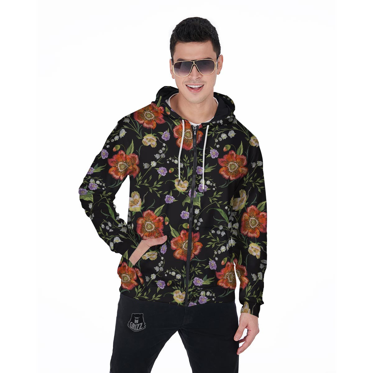 Poppy Floral Print Men's Zip Up Hoodie-grizzshop