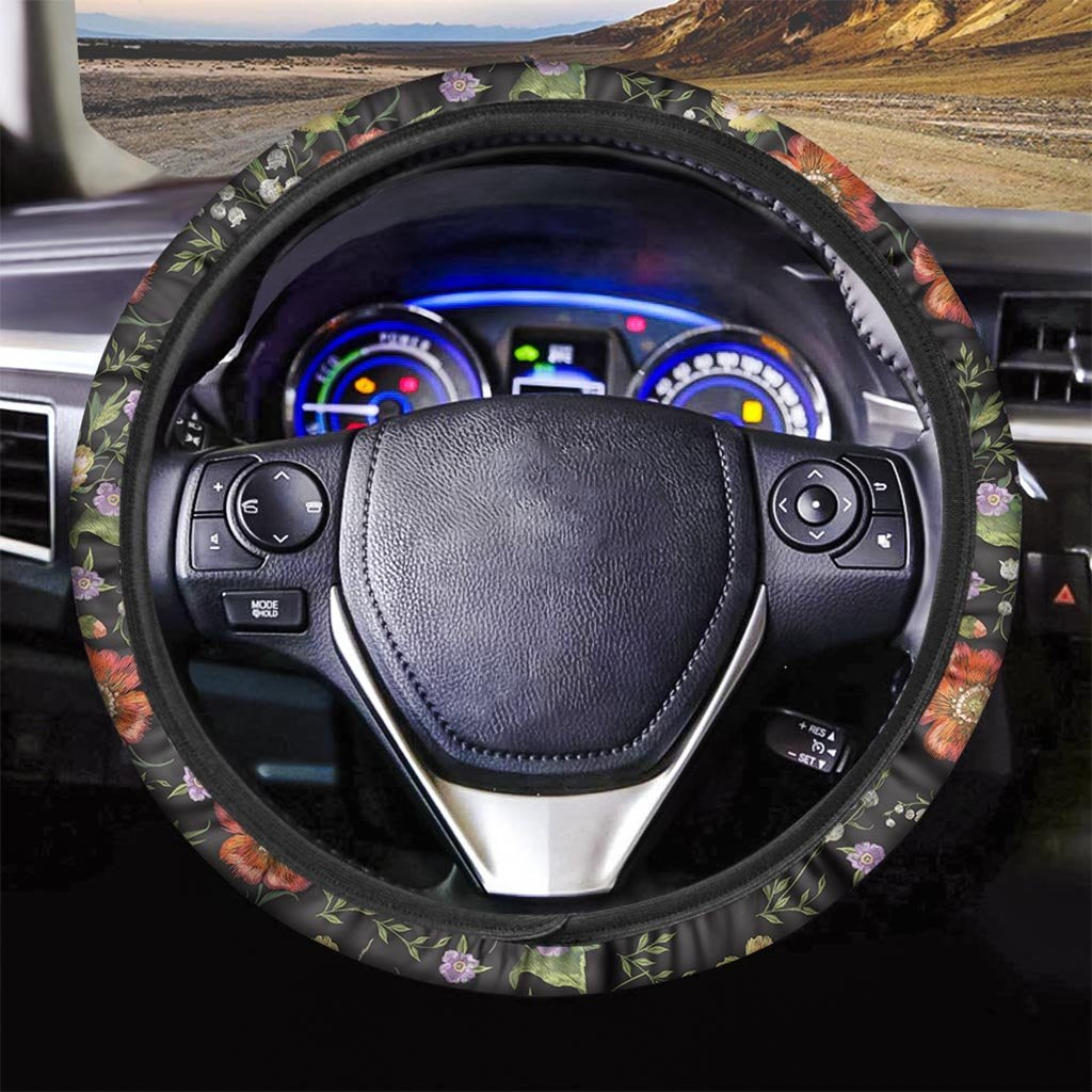 Poppy Floral Print Steering Wheel Cover-grizzshop