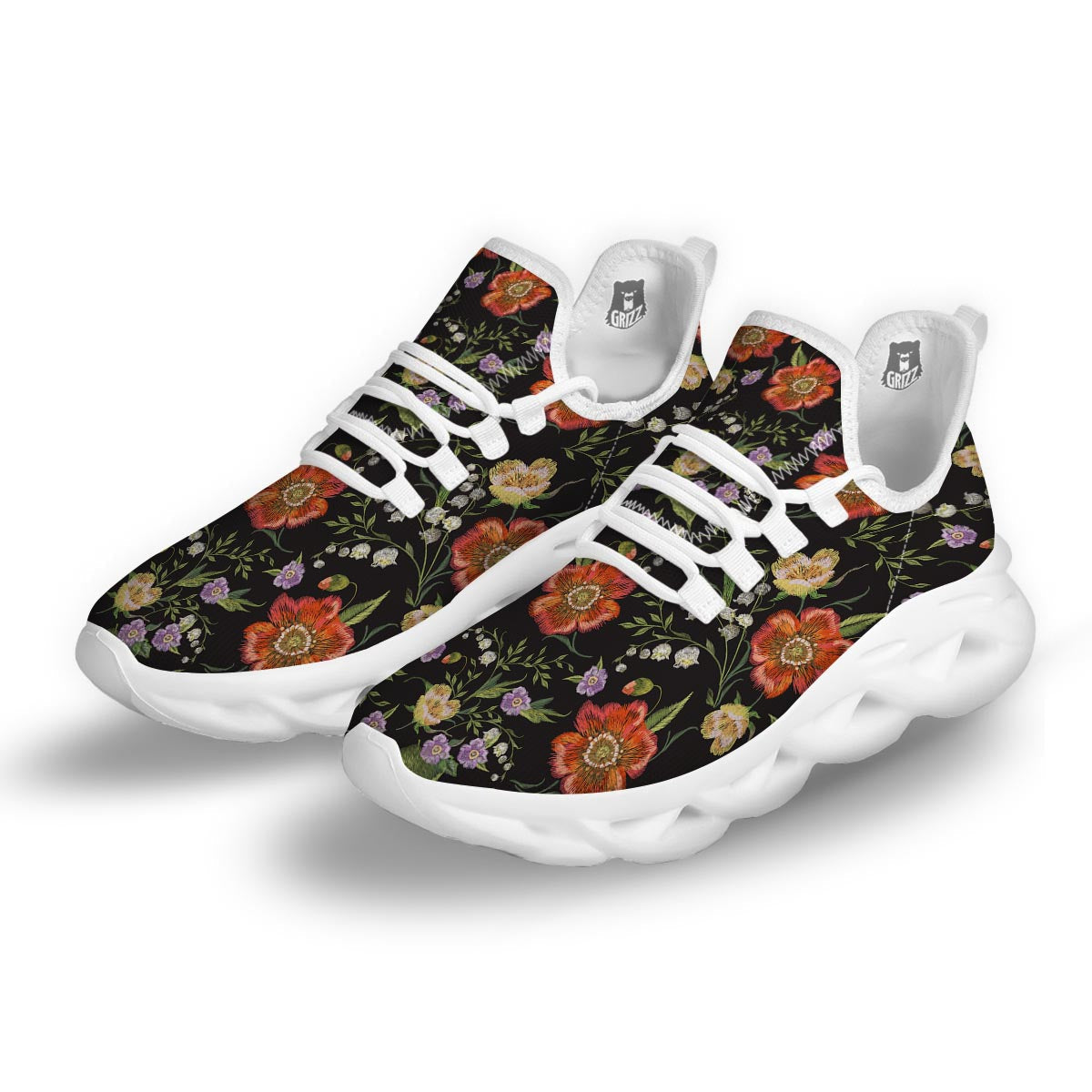 Poppy Floral Print White Running Shoes-grizzshop
