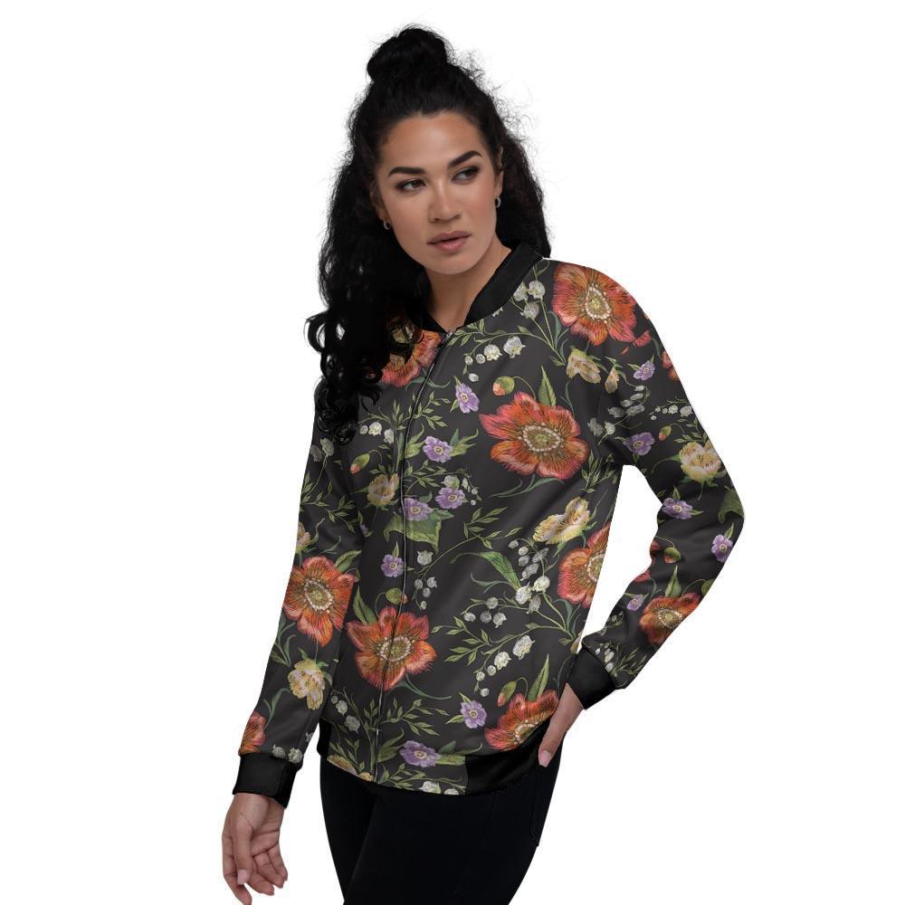 Poppy Floral Print Women's Bomber Jacket-grizzshop