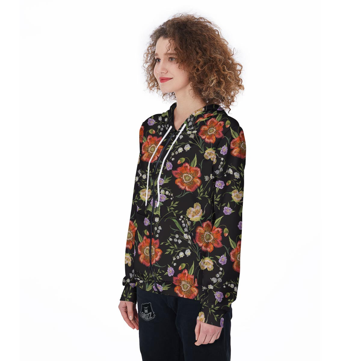 Poppy Floral Print Women's Zip Up Hoodie-grizzshop
