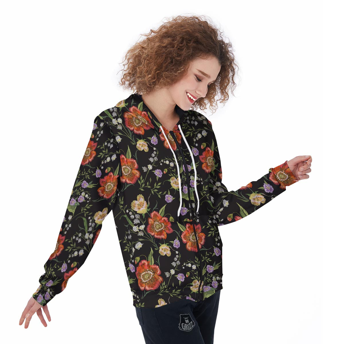 Poppy Floral Print Women's Zip Up Hoodie-grizzshop