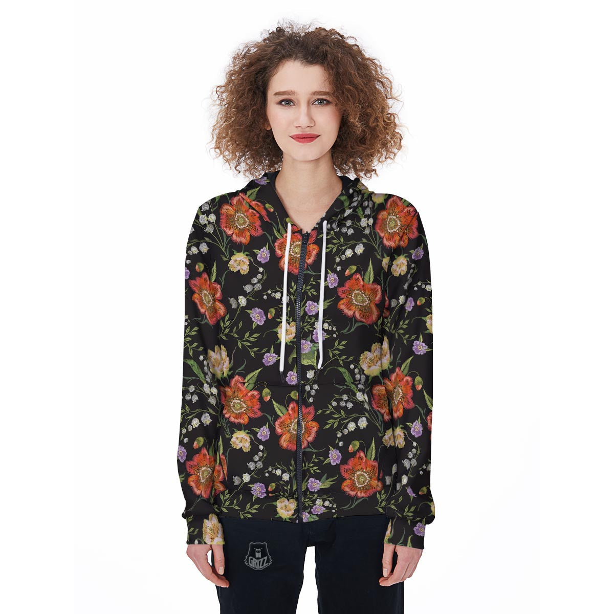 Poppy Floral Print Women's Zip Up Hoodie-grizzshop