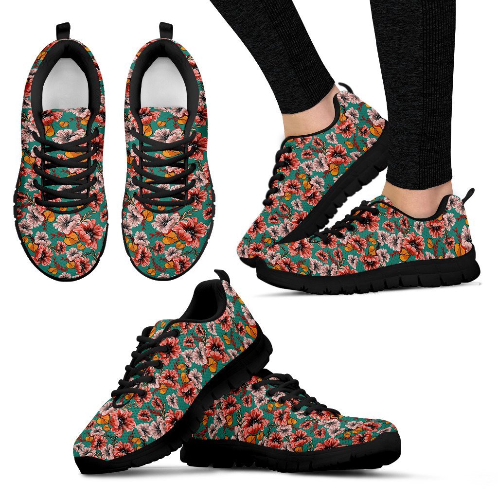 Poppy Floral Red Pattern Print Black Sneaker Shoes For Men Women-grizzshop