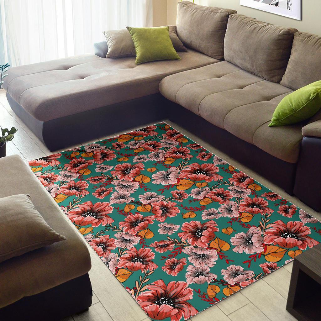 Poppy Floral Red Pattern Print Floor Mat-grizzshop