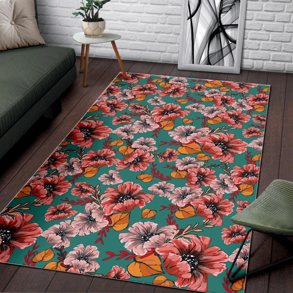 Poppy Floral Red Pattern Print Floor Mat-grizzshop