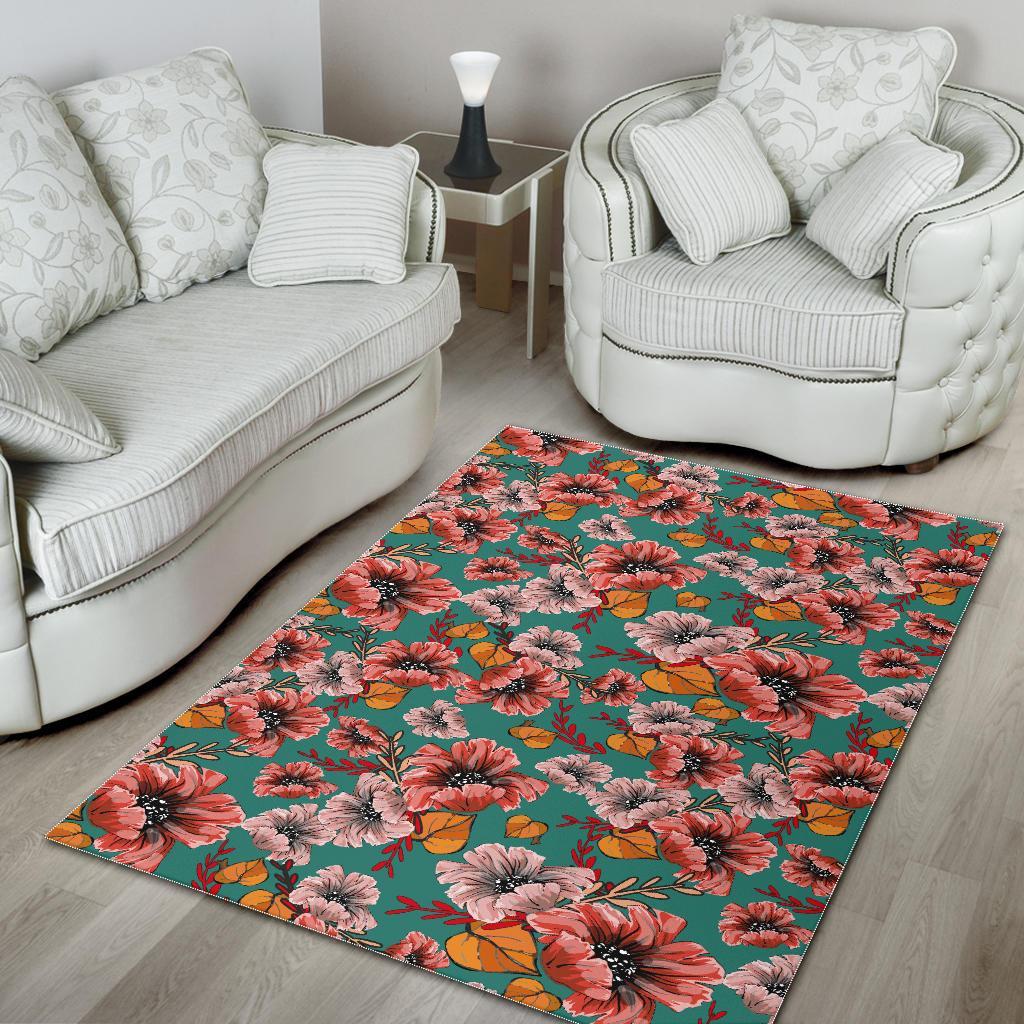 Poppy Floral Red Pattern Print Floor Mat-grizzshop